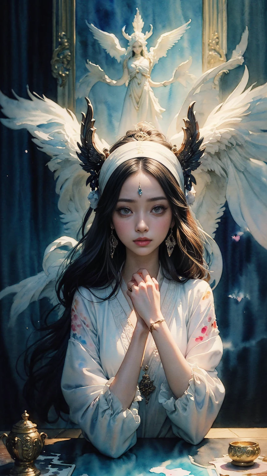 (Tabletop, Highest qualityの, Highest quality, Official Art, (beautifully、aesthetic:1.4), (Watercolor:1.4) ), (Izanami 1.5), 日本のgod話の女god, Majestic beauty, 創造の女god、生命の女god、Typically、((((Typically))))、Reincarnation Support, god'Grace, Gentle and meditative expressions, Flowing, celestial garments, Shine、Created all the landscapes and worlds on Earth, A dazzling dance of light, Whispers of Ancient Legends