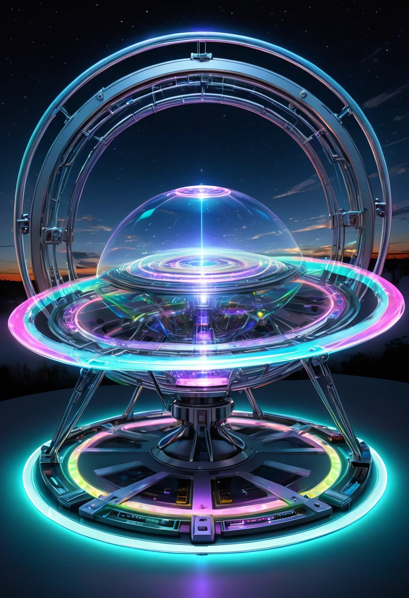 A UFO made of a metal-plated frame, a magic circle on the ground, and a kaleidoscope of iridescent neon lines in the sky, transparent, clear neon color, precision instruments, machines, machine parts, LED, wire cables, analyzers, labs, (ultra detailed, absolutely resolution, best quality:1.3), 2.5D, delicate and dynamic effects, artistic photography, hyper realistic, graphic CG digital fantasy art