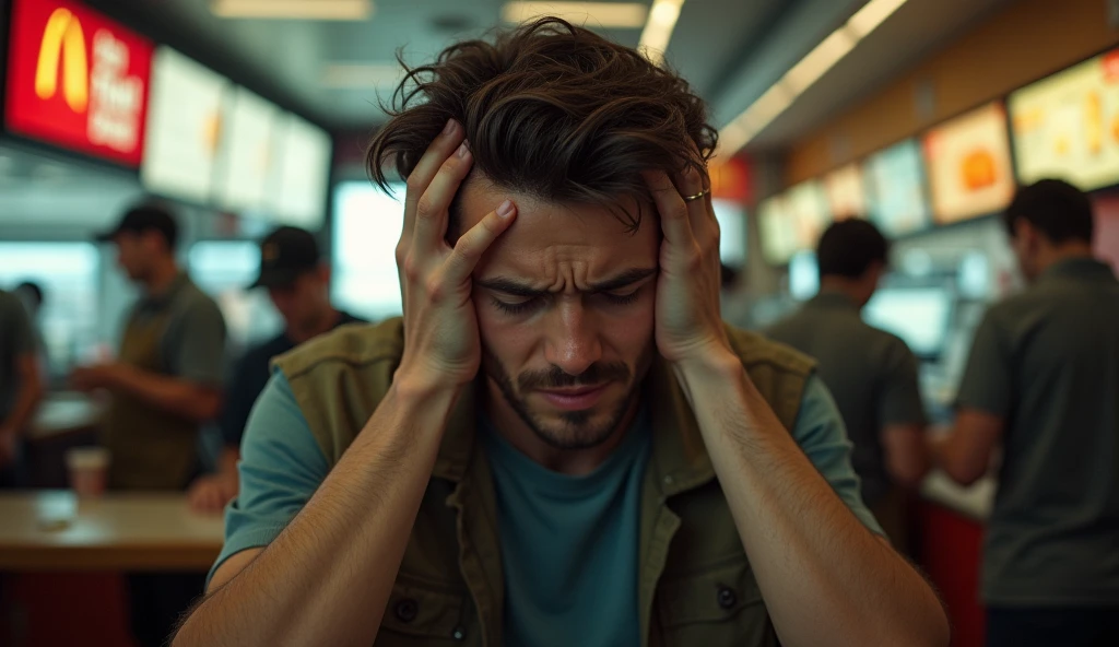 A scene with McDonald&#39;s attendants working and in the center a young man in the center highlighted, exhausted, with both hands pulling the hair, in despair, sobbing, semi realistic, cinematic.