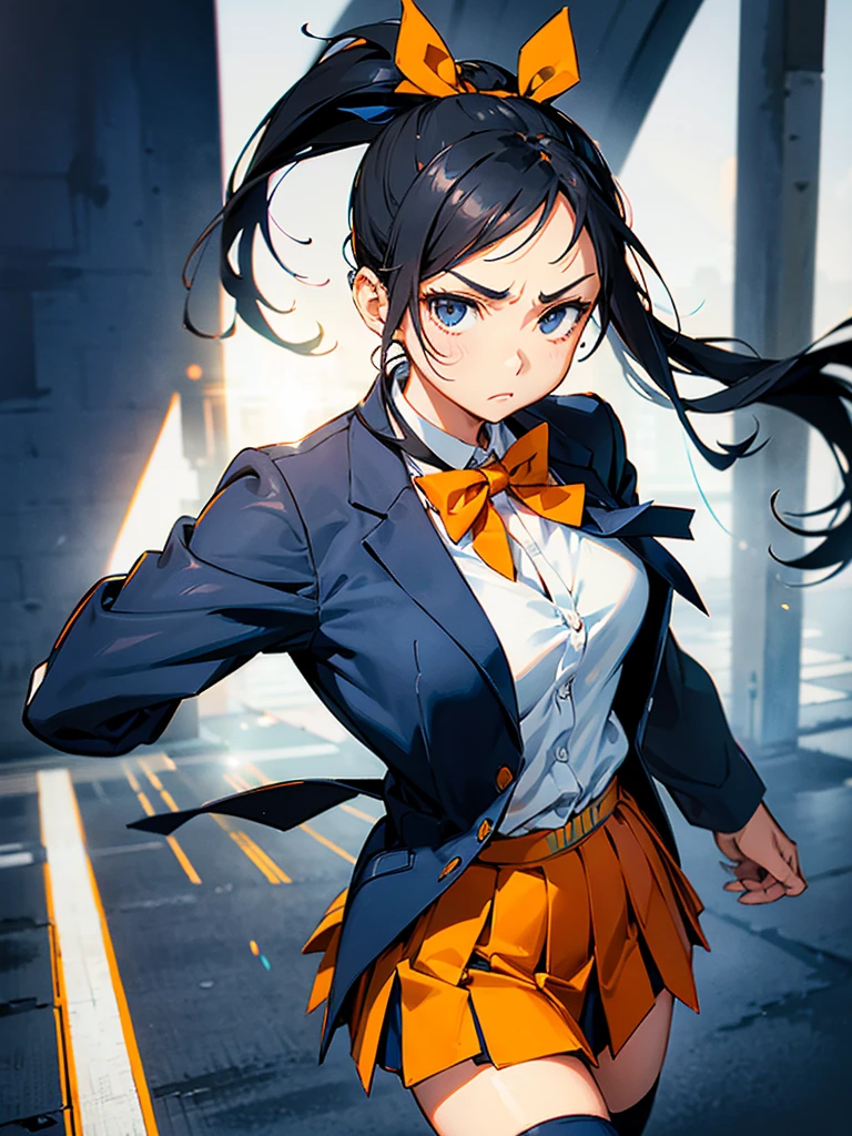 One person, Karate Stance,High Kick,Black Hair, ponytail, Slim body,Small breasts,Bad mood, Slanted Eyes, Character profile, Vanishing Point,High school uniform,Navy blue blazer,White blouse,Orange bow tie,Long grey flared skirt,Navy blue knee socks,Japanese illustration style, Don&#39;t make them muscular,Sparkle Effect, Anatomically correct, Winner of numerous awards, accurate, High resolution, masterpiece, detail, High-resolution model, 高いdetail, Retina, Very detailed, Textured skin, Ultra high definition, 