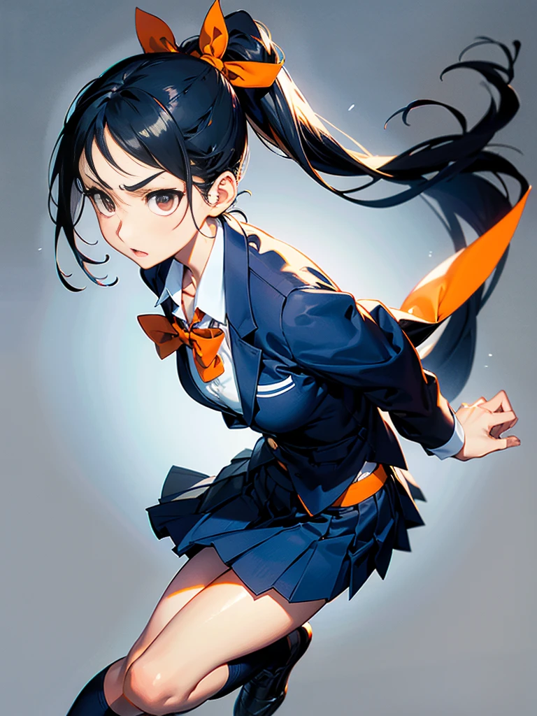 One person, Karate Stance,High Kick,Black Hair, ponytail, Slim body,Small breasts,Bad mood, Slanted Eyes, Character profile, Vanishing Point,High school uniform,Navy blue blazer,White blouse,Orange bow tie,Long grey flared skirt,Navy blue knee socks,Japanese illustration style, Don&#39;t make them muscular,Sparkle Effect, Anatomically correct, Winner of numerous awards, accurate, High resolution, masterpiece, detail, High-resolution model, 高いdetail, Retina, Very detailed, Textured skin, Ultra high definition, 