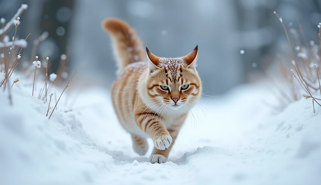 (photorealism:1.2), Photo of a graceful cat running on a snow-covered path, shot on a Canon EOS R5 with a depth of field f2.8, 85mm lens, 32k resolution, natural light, and realistic snow details --v 5 --q 3 --uplight