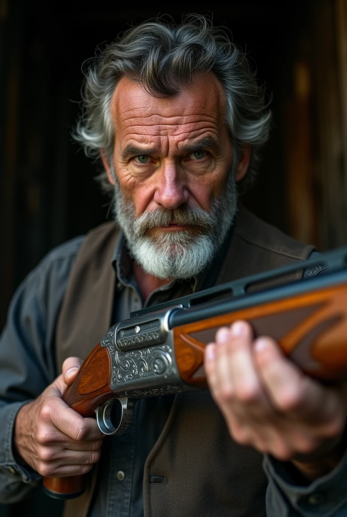 A photo of a man holding a shotgun