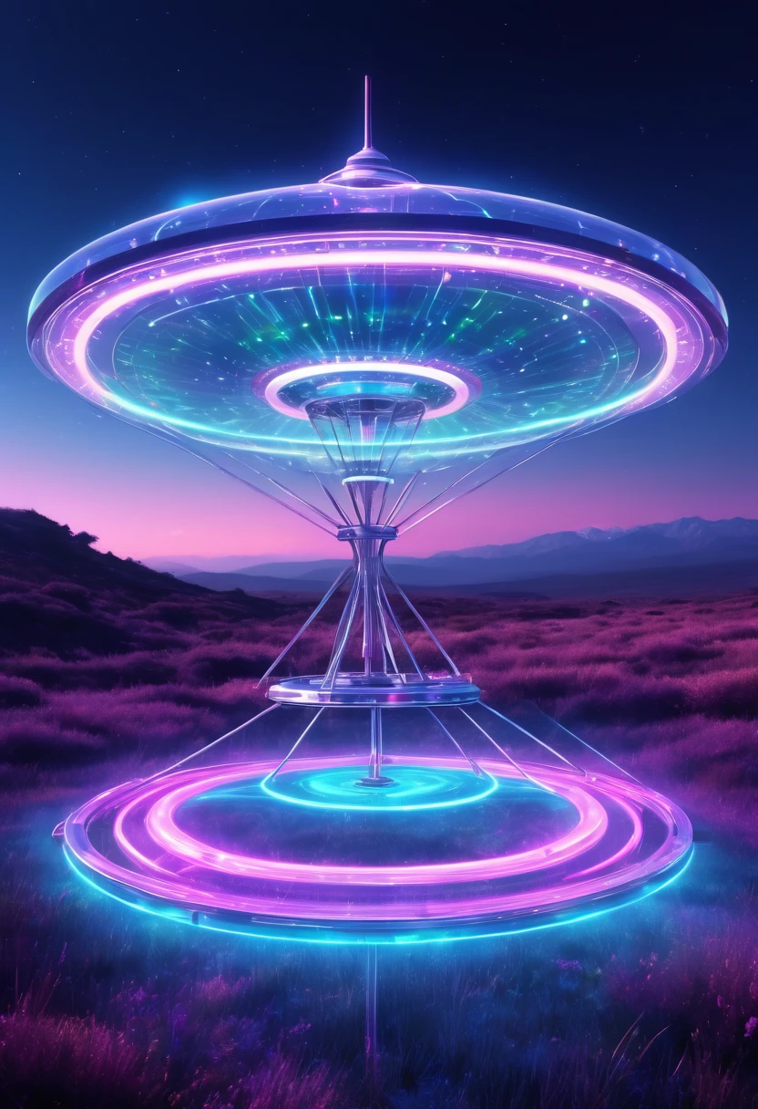 A UFO made of a metal-plated frame, a magic circle on the ground, and a kaleidoscope of iridescent neon lines in the sky, transparent, clear neon color, precision instruments, machines, machine parts, LED, wire cables, analyzers, labs, (ultra detailed, absolutely resolution, best quality:1.3), 2.5D, delicate and dynamic effects, artistic photography, hyper realistic, graphic CG digital fantasy art