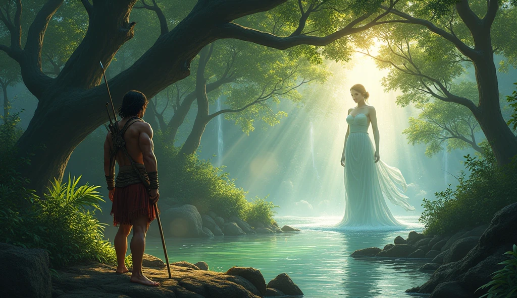 a tall, young, handsome and strong Filipino warrior holding a spear walking near the large stream when he saw a beautiful woman that looks like Maria Makiling bathing beneath a Balete Tree