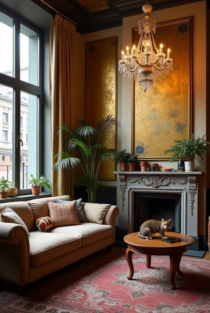 Photo resliste salon appartement avec baie vitree a l’anglaise
decoration ancienne et street art dans les ton marron et doree et un lustre a pampille
Un mur entier graffer dans les ton doree et maron
avec un chaton tigree sur le canape