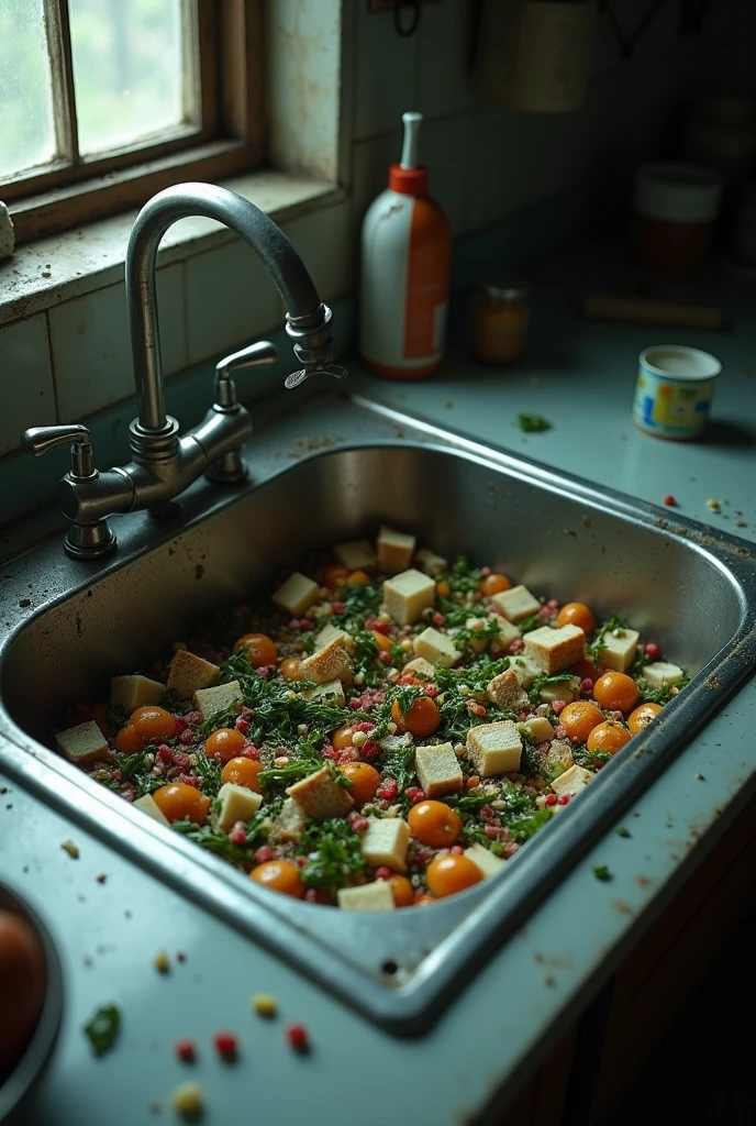 Create an image of a dirty kitchen sink with small food scraps