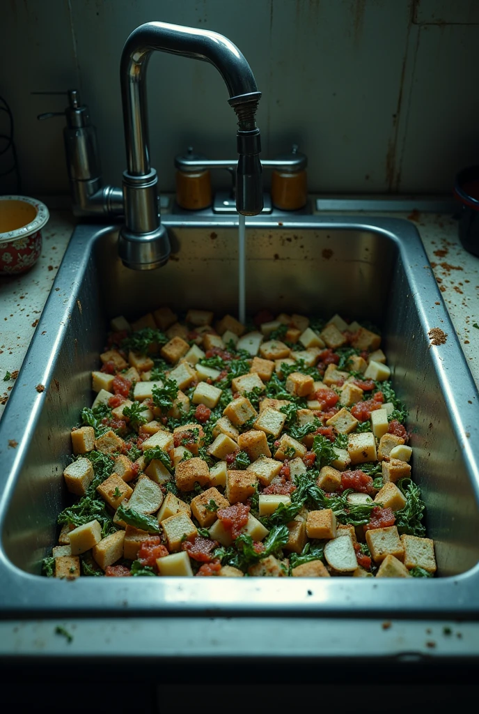 Create an image of a dirty kitchen sink with small food scraps 