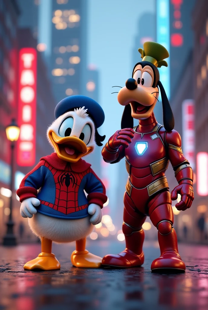 Donald Duck dressed as Spider-Man and Goofy dressed as Iron Man 
