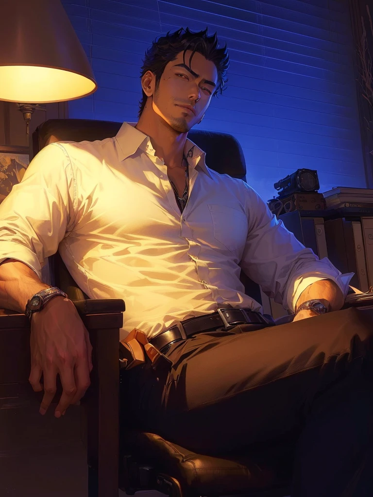 upshot crotch: 2, high quality:1.2,ultra high res, crotch forcus:1.3, dark_theme, low_light, extremely detailed character, 1Anime guy, 38_year_old, manly, handsome,  chubbey, Muscular, firm chin, Stubble:1.7,sideburns:1.7, super short hair, shaved hair:1.4, (white wild open Shirt), BREAK ((gray slacks pants)),crotch bulge, Dark luxury hotel room with lights off, a bed by the window with a night view, sitting with legs stretched out