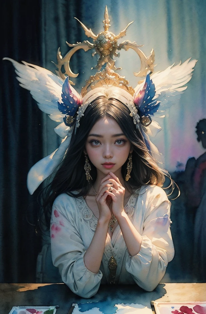 (Tabletop, Highest qualityの, Highest quality, Official Art, (beautifully、aesthetic:1.4), (Watercolor:1.4) ), (Izanami 1.5), 日本のgod話の女god, Majestic beauty, 創造の女god、生命の女god、Typically、((((Typically))))、Reincarnation Support, god'Grace, Gentle and meditative expressions, Flowing, celestial garments, Shine、Created all the landscapes and worlds on Earth, A dazzling dance of light, Whispers of Ancient Legends