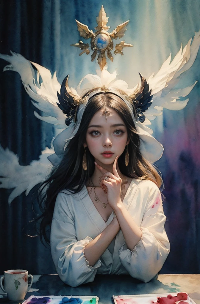 (Tabletop, Highest qualityの, Highest quality, Official Art, (beautifully、aesthetic:1.4), (Watercolor:1.4) ), (Izanami 1.5), 日本のgod話の女god, Majestic beauty, 創造の女god、生命の女god、Typically、((((Typically))))、Reincarnation Support, god'Grace, Gentle and meditative expressions, Flowing, celestial garments, Shine、Created all the landscapes and worlds on Earth, A dazzling dance of light, Whispers of Ancient Legends