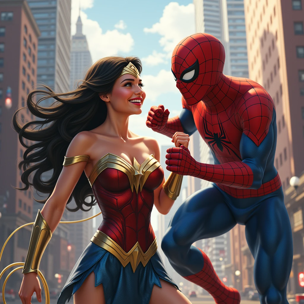 Wonder woman having fun with Spiderman "A 16K resolution image with ultra-high picture quality, ensuring sharp, crisp details and textures throughout. The image should have exceptional clarity, with vibrant, true-to-life colors and a high dynamic range. Lighting should be natural, enhancing depth and detail, with no noise or blurriness, even in the darkest areas.".
