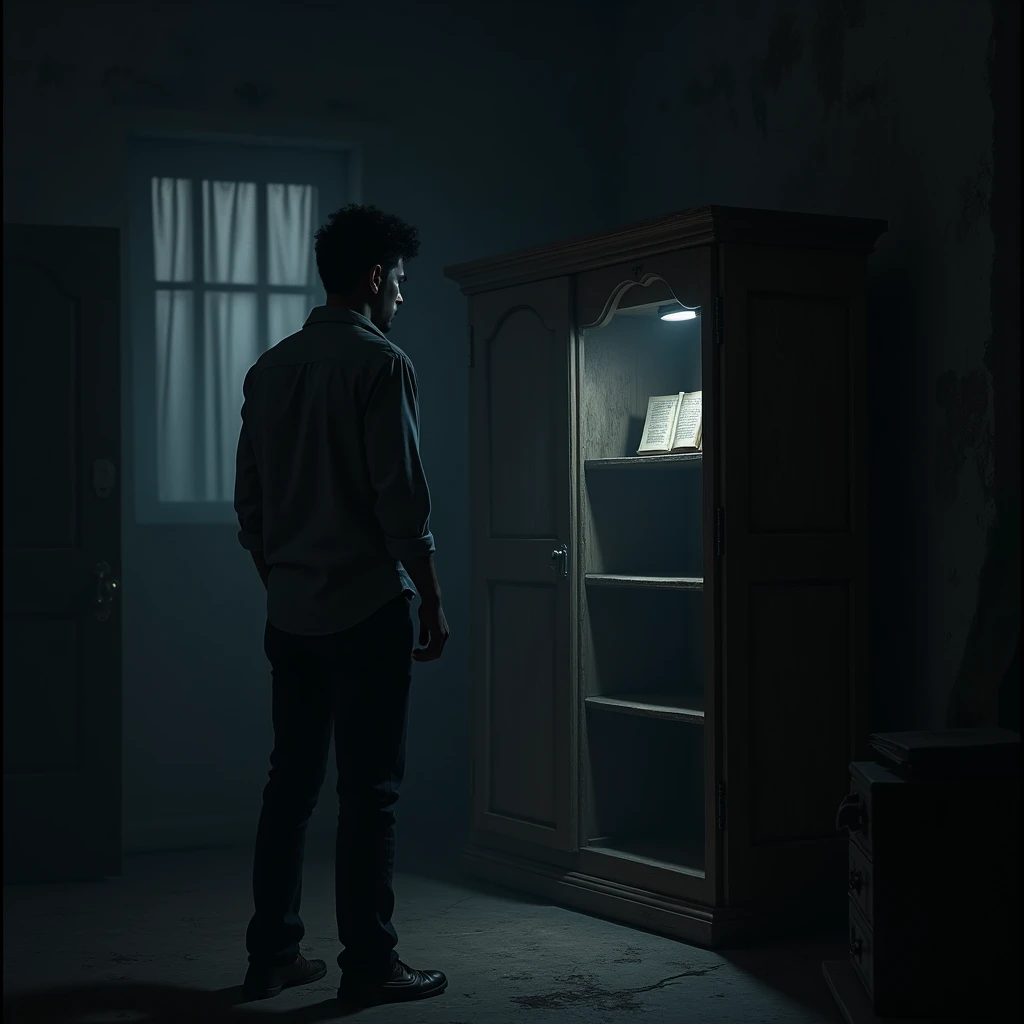 Vijay standing in the dark room.
, opening the old wardrobe inside of which is a small dusty diary resting on one of the sheleves