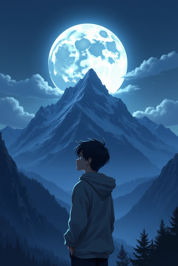 amazing mountain, at night, Full Moon, anime boy with hoodie, looking at the moon