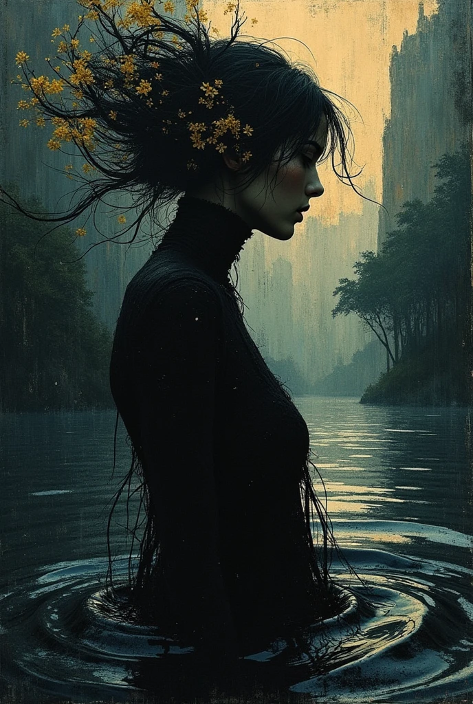 romanticism art by Jean-Léon Gérôme and Conrad Roset, Painting, singularity black rivers ripple their banks in the depth-spanning evocative form of this pullarist and whimsical creation: one with an intelligent figure who radiatest passion and intelligence. She wearstrupted into her impressionist physique to decipher what she wants out. She moves confidently across all shapes and sizes crafted from high fiber, carrying through a swirly energy network in which they are filled with complex parts. It is both terrifying for viewers and captivating melancholic. , luxurious sharp focus, intense, dynamic cinematic color, intricate detail, best, located artistic, Fashion and art,elegant and sophisticated, innovative use of light and shadow, capturing the glamour of mid-20th century fashion, Art Nouveau, decorative, allegorical, symbolic