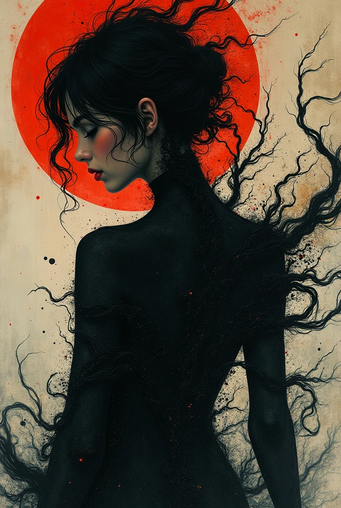 romanticism art by Jean-Léon Gérôme and Conrad Roset, Painting, singularity black rivers ripple their banks in the depth-spanning evocative form of this pullarist and whimsical creation: one with an intelligent figure who radiatest passion and intelligence. She wearstrupted into her impressionist physique to decipher what she wants out. She moves confidently across all shapes and sizes crafted from high fiber, carrying through a swirly energy network in which they are filled with complex parts. It is both terrifying for viewers and captivating melancholic. , luxurious sharp focus, intense, dynamic cinematic color, intricate detail, best, located artistic, Fashion and art,elegant and sophisticated, innovative use of light and shadow, capturing the glamour of mid-20th century fashion, Art Nouveau, decorative, allegorical, symbolic