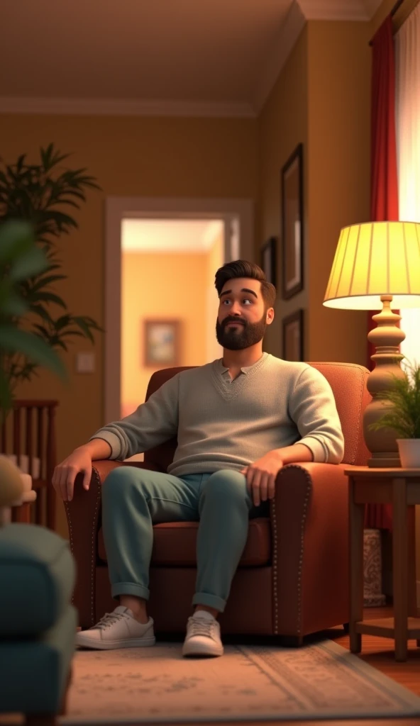 One husband  in home passage background 3d animation style 