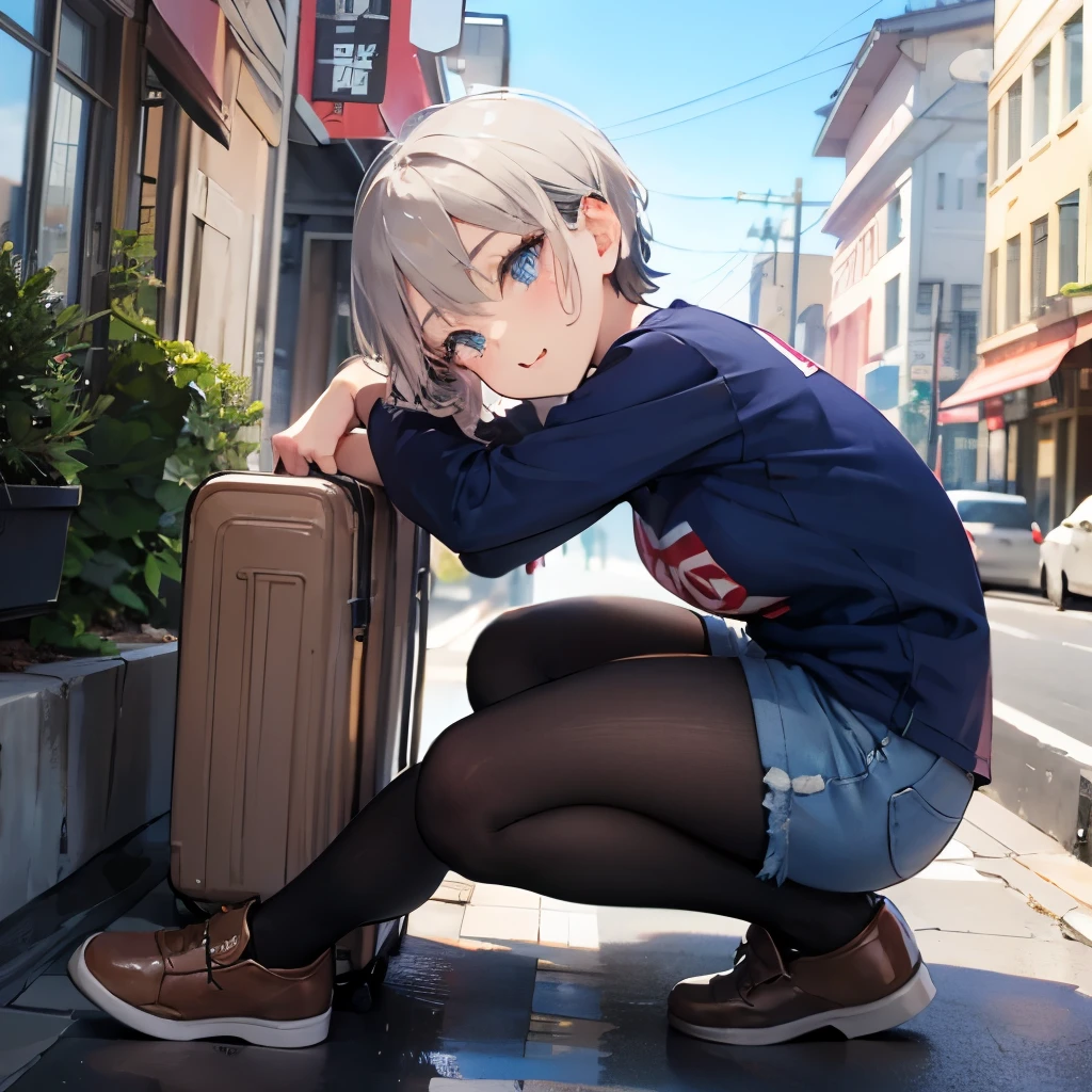 Long shot,ground shot, ground shot, front angle, beautiful girl,fullbody, high quality, masterpiece,break, uh1, shirt, raglan sleeves, romaji text, clothes writing, long sleeves, denim shorts, pantyhose, fang, T-shirt,writting,T-shirt that says "Sugoi Dekai",beautiful girl's face, (very beautiful girl's face)