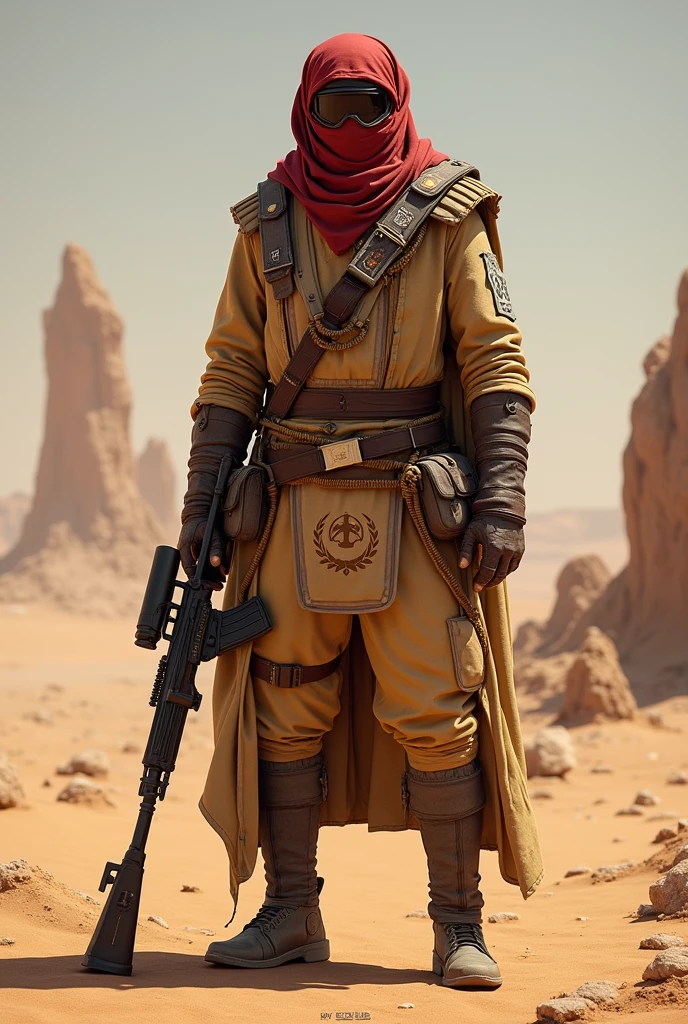 Rebel, rifle, with rags, Decorated with lettering and ropes, Desert, Suit like the Tusken in StarWars, Red headscarf