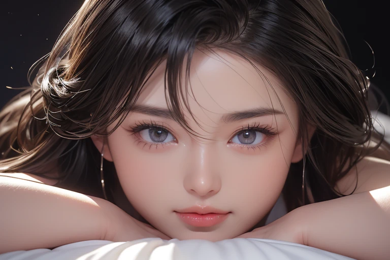 masterpiece, Highest quality, Very detailed, To the camera, Very detailed, Realistic, Sharp features, Very detailed, Sharp focus, Perfect Face, Perfect Face, Perfect symmetry and perfect eyes, Perfect Plump Lips, Flexible female form, cinematic, Film Light, Very detailedな, hyper Realistic, masterpiece, Atmospheric, High resolution, Vibrant, Dynamic Studio Lighting, ((Dark Background)), Facial expressions when feeling happy, (Woman lying in bed).Plump butt、Big Breasts,Realistic、Perfect body、