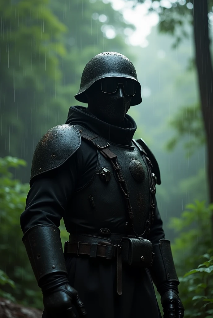 A man dressed in black, Wear a sun visor, The face is completely covered by an iron mask with glasses, Wear the M35 helmet.
The setting is a beautiful forest, it's raining.