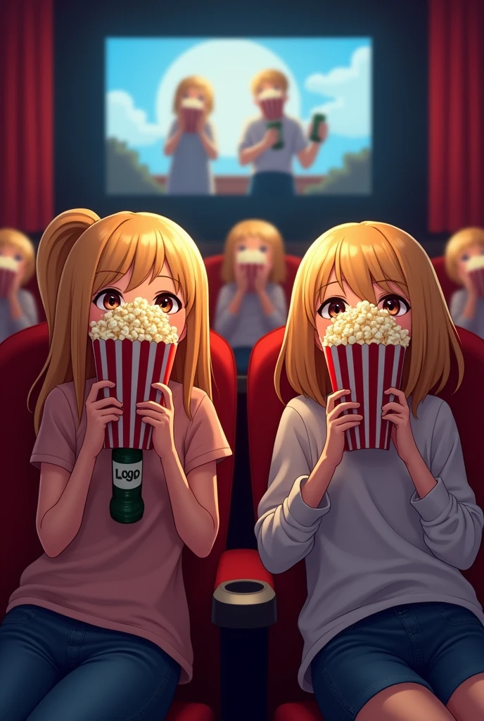 Girls and boys are sitting in the cinema watching a movie, girls should be blonde, they should have a drink bottle in their hands, they should have corn to eat, they should take it in their hands and take a photo so that their faces cannot be seen because they will be holding it in their hands during the test.
