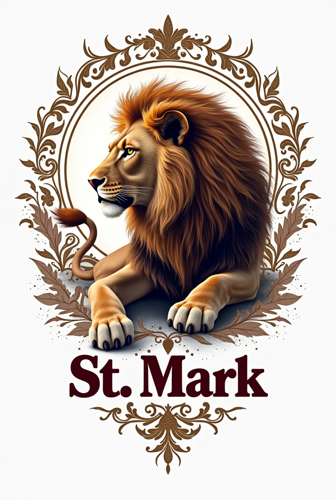 Make a tshirt design the front should have a lion with the text stmark next to the lion the t-shirt should have a dominant color of white with at least 60% add unique designs, patterns. make it so there is enough space near the top to add logos make the lion sideways