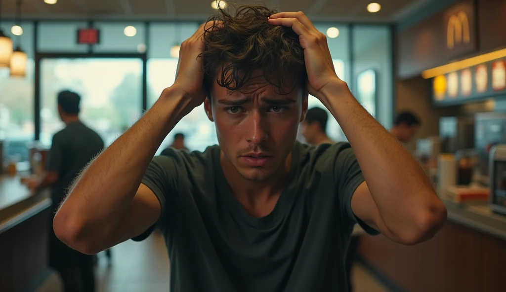 A scene with McDonald's attendants working and a young man standing in the center highlighted, exhausted, with both hands pulling the hair, in despair, sobbing, semi realistic, cinematic.