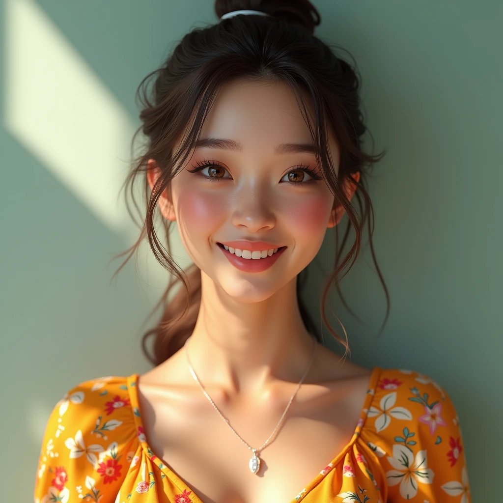 a young woman in a summer dress, smiling cheerfully, figure, beautiful detailed eyes, beautiful detailed lips, extremely detailed face, longeyelashes, realistic, photorealistic, photo-realistic:1.37, (best quality,4k,8k,highres,masterpiece:1.2),ultra-detailed,(realistic,photorealistic,photo-realistic:1.37),vivid colors,studio lighting,bokeh