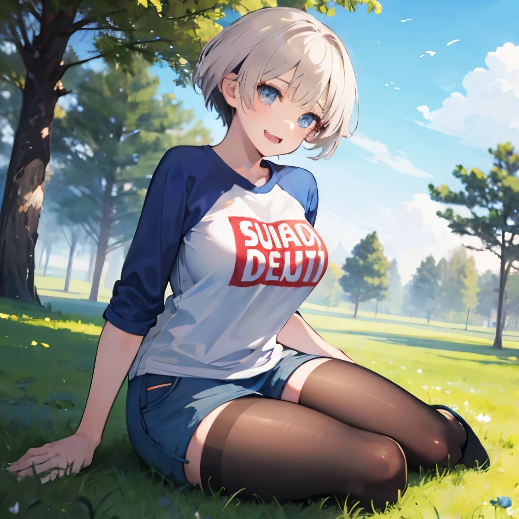 Long shot,ground shot, ground shot, front angle, beautiful girl,fullbody, high quality, masterpiece,break, uh1, shirt, raglan sleeves, romaji text, clothes writing, long sleeves, denim shorts, pantyhose, fang, T-shirt,writting,T-shirt that says "Sugoi Dekai",beautiful girl's face, (very beautiful girl's face)