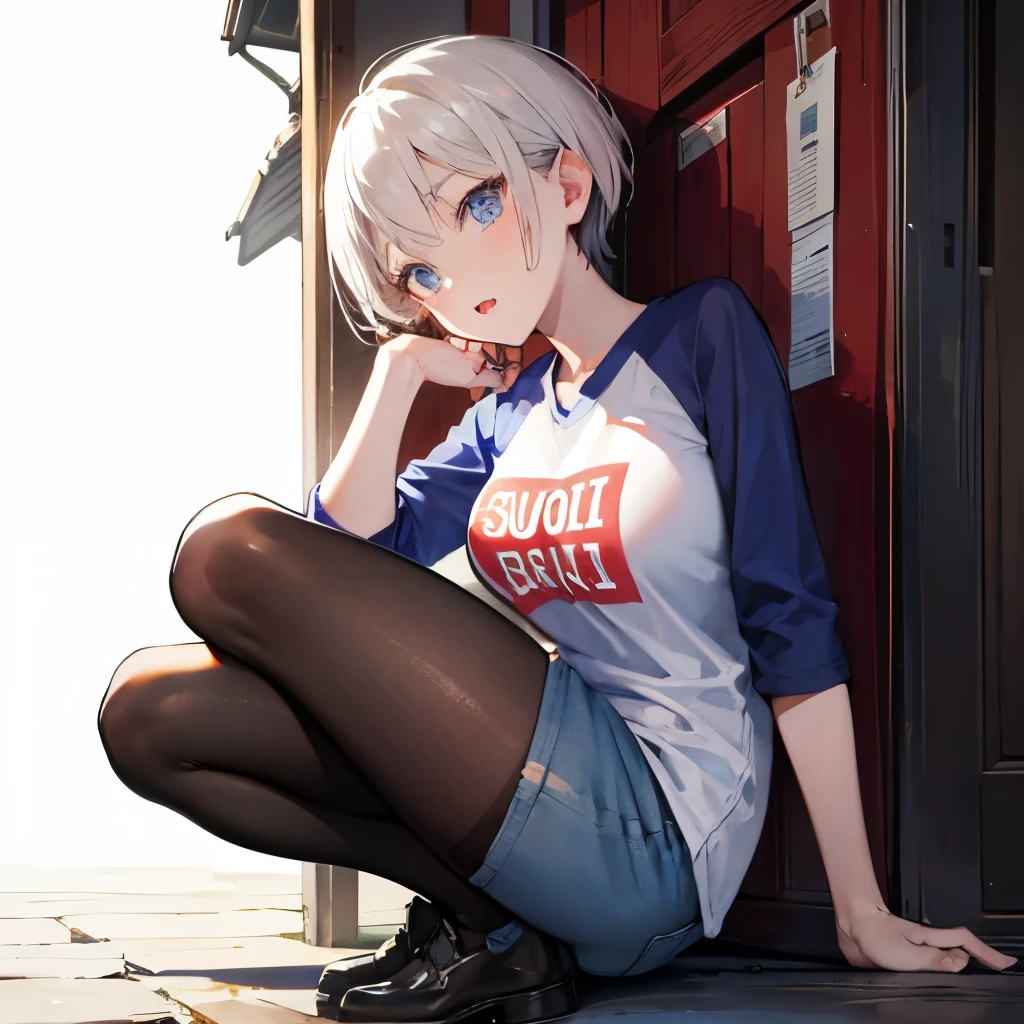 Long shot,ground shot, ground shot, front angle, beautiful girl,fullbody, high quality, masterpiece,break, uh1, shirt, raglan sleeves, romaji text, clothes writing, long sleeves, denim shorts, pantyhose, fang, T-shirt,writting,T-shirt that says "Sugoi Dekai",beautiful girl's face, (very beautiful girl's face)