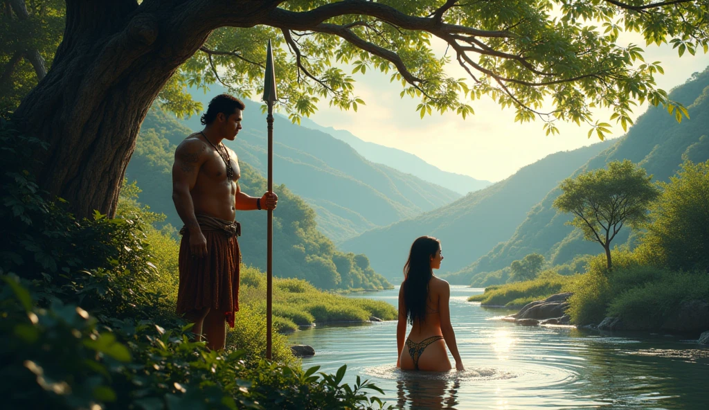 a tall, young, handsome and strong Filipino warrior holding a spear walking near the large stream when he saw a beautiful maiden (Filipina) bathing beneath a Balete Tree. show rhe girl bathing while the warrior is hiding behind the bush