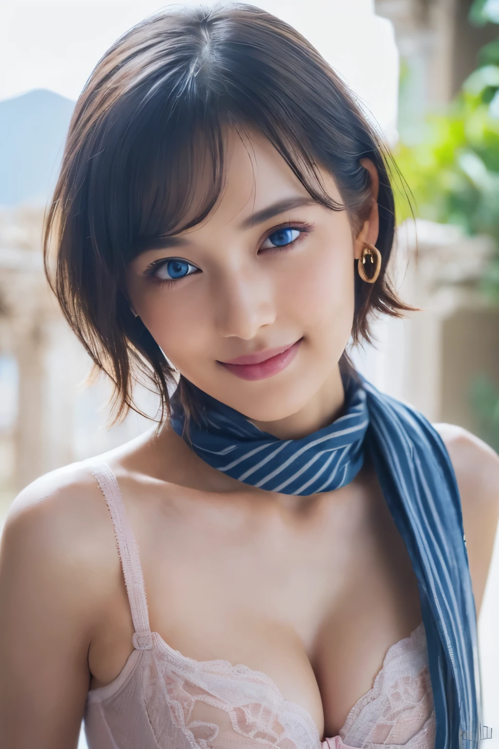 Trip (Only slim shoulder straps, Ultra-low-cut top)( Very close view ) Face view , clothes see-through (((Outdoor paradise))), ((Petals flying in the air )),Light smile,,camel-toe,(Crystal colorful lights),,Soft clouds,((|Cover with a scarf)), ((Cute clothes that are short and wide|no underwares|Slightly perspective ) ((greek architecture,Bohemian architecture,Hindu temples,Thai snacks,Thai style)) starrysky,Beautiful
((Masterpiece)),(realisticlying:1.2),best qualtiy,high high quality,absurderes,rich colourful,stunning art,best qualtiy, ultra - detailed,beautifuldetails, reflective hair,Good lighting, Ray traching, depth of fields,ultra - detailed,illustratio,astounding,finedetail,The is very detailed, ((ultra - detailed)), (Beautiful meticulous girl), Beautiful detail glow, Complicated details, A high resolution, Extremely refined and beautiful,beatiful detailed eyes, hdr, Round eyes, detailedfacialfeatures,(Round pupils:1.4) (illustratio),(Beautiful and delicate eyes)(Very very detailed face)), depth of fields,(alluring face)((ssmile:1.3)), Smiling lips, (looking at viewert:1.1) closeup cleavage, wide wide shot, Side Body, photore, lewd poses , Moody light, Sistine Phil Beldev, Smile,(((Masterpiece,Best quality,A high resolution)))),Extremely detailed 8K,Beautiful girl with busty body,(hyper HD,ultra - detailed,High detail,high realistic,ultra-realistic,Photo realism),(1girll:1.5),(realistic dark hair),Short curly hair,Bob cuts hair,(Dynamic posture),Face the camera,A shallow smile,Open lips,Light blue eyes,Average chest,
(Beautiful and detailed face,Beautiful and delicate eyes),Sunlight),(Beautiful buttocks 0.5),Color backlight
split, Cover your chest with only your hands,hips bare,earring,Pink sexy yarn,((Striped underwear、Black openwork underwear、Transparent embroidered tulle underwear set,Gold bracelets,Pink lace gloves))Lace pantyhose、Lace gloves、Wedding headscarf、pearls necklace,(toppless)(Very small panties),Moles under eyes, ((Gray-blue hair)),Crystal glo