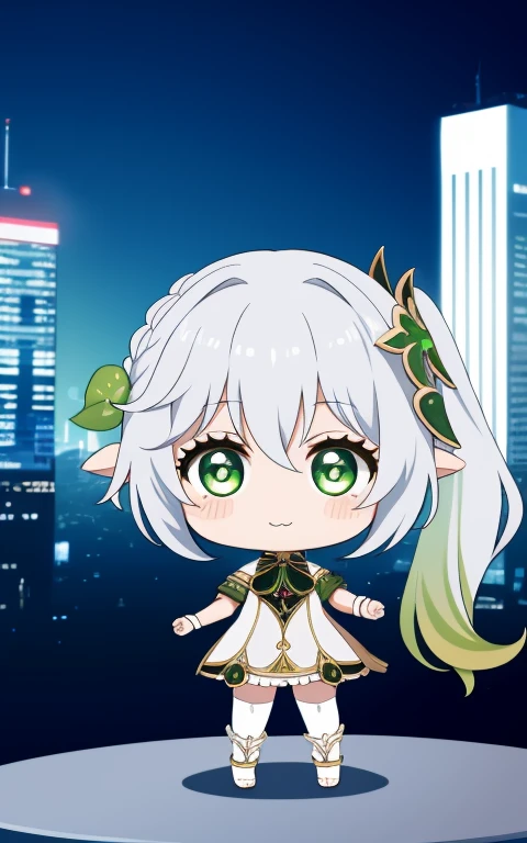  fullcg,Best quality,highest quality, 8k,Soft lighting, Confused, Looking at the audience, alone, smile, Knee socks,Nahida Genshin Impact | Character Lora 1283,((low length:1.5)),((chibi:1.5)),((little child girl)),1girl,difficult,cowboy shot,Beautiful cityscape,(standing:1.6),(Front facing:1.5),Cute outfit,midnight sky,