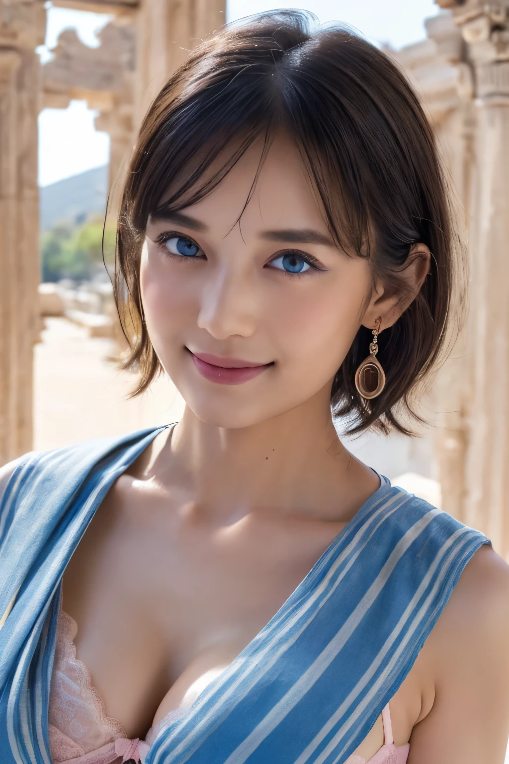 Trip (Only slim shoulder straps, Ultra-low-cut top)( Very close view ) Face view , clothes see-through (((Outdoor paradise))), ((Petals flying in the air )),Light smile,,camel-toe,(Crystal colorful lights),,Soft clouds,((|Cover with a scarf)), ((Cute clothes that are short and wide|no underwares|Slightly perspective ) ((greek architecture,Bohemian architecture,Hindu temples,Thai snacks,Thai style)) starrysky,Beautiful
((Masterpiece)),(realisticlying:1.2),best qualtiy,high high quality,absurderes,rich colourful,stunning art,best qualtiy, ultra - detailed,beautifuldetails, reflective hair,Good lighting, Ray traching, depth of fields,ultra - detailed,illustratio,astounding,finedetail,The is very detailed, ((ultra - detailed)), (Beautiful meticulous girl), Beautiful detail glow, Complicated details, A high resolution, Extremely refined and beautiful,beatiful detailed eyes, hdr, Round eyes, detailedfacialfeatures,(Round pupils:1.4) (illustratio),(Beautiful and delicate eyes)(Very very detailed face)), depth of fields,(alluring face)((ssmile:1.3)), Smiling lips, (looking at viewert:1.1) closeup cleavage, wide wide shot, Side Body, photore, lewd poses , Moody light, Sistine Phil Beldev, Smile,(((Masterpiece,Best quality,A high resolution)))),Extremely detailed 8K,Beautiful girl with busty body,(hyper HD,ultra - detailed,High detail,high realistic,ultra-realistic,Photo realism),(1girll:1.5),(realistic dark hair),Short curly hair,Bob cuts hair,(Dynamic posture),Face the camera,A shallow smile,Open lips,Light blue eyes,Average chest,
(Beautiful and detailed face,Beautiful and delicate eyes),Sunlight),(Beautiful buttocks 0.5),Color backlight
split, Cover your chest with only your hands,hips bare,earring,Pink sexy yarn,((Striped underwear、Black openwork underwear、Transparent embroidered tulle underwear set,Gold bracelets,Pink lace gloves))Lace pantyhose、Lace gloves、Wedding headscarf、pearls necklace,(toppless)(Very small panties),Moles under eyes, ((Gray-blue hair)),Crystal glo