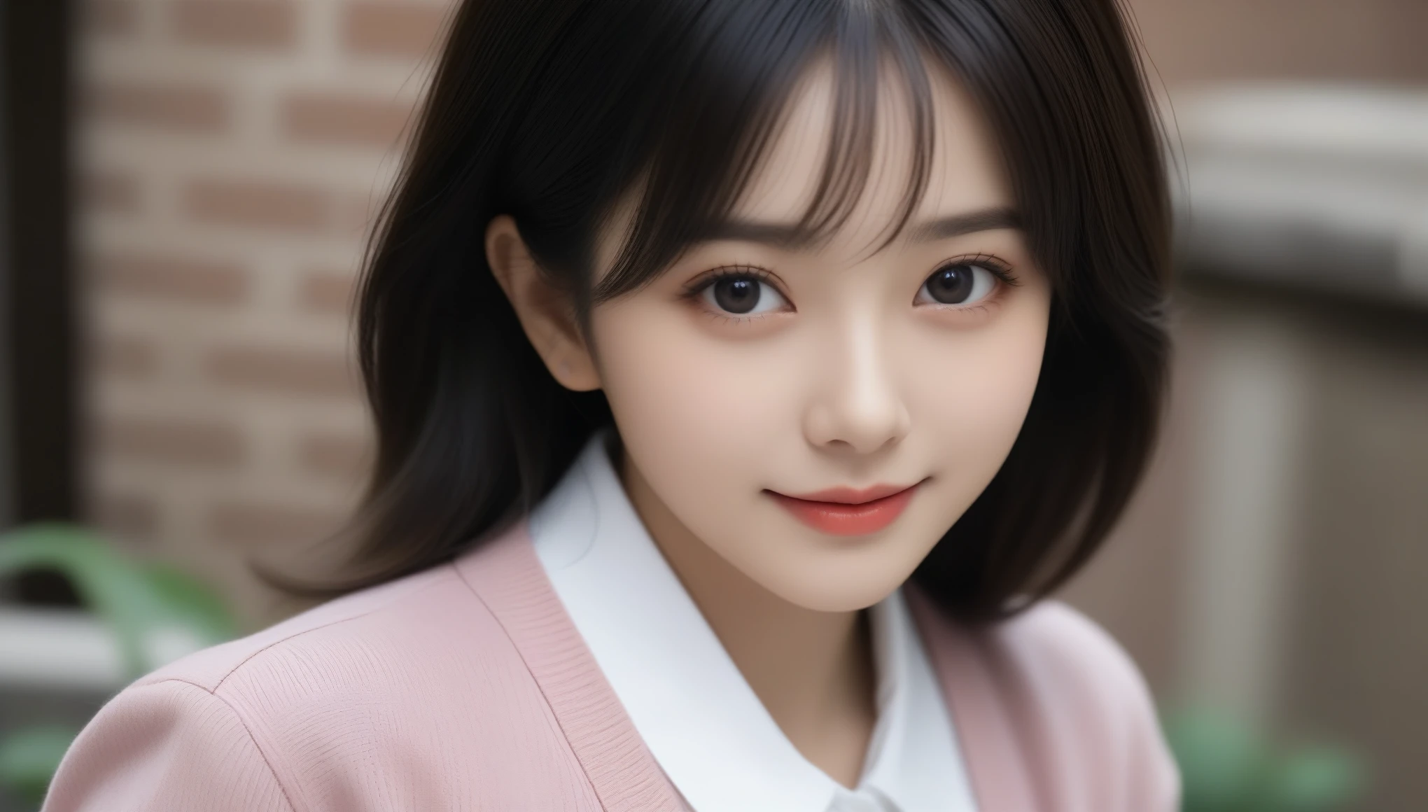 8k, Ultra-high resolution, Highest quality, masterpiece, 三分割法によるphotograph,Surreal, photograph, 1 , (:1.3), cute, cute顔, 細部までBeautiful Eyes, 細かくdetailedに,masterpiece,One Girl:1.2,Japanese women,Young Wife,cowboy shot,smile,Black Short hair,Swept bangs,(Collared shirt:1.3),cardigan,Pencil Skirt,Brick wall background,woman leaning against the wall,Arrival of spring,(Beautiful attention to detail),Subtle details, detailedな顔, smile,attractive,(のポートレートphotograph:1.4),(Photorealistic images:1.4),Fantasy art,(Beautiful Face:1.4),美しくattractive目、Beautiful Eyes、(Tight waist:1.4)、(Beautiful with perfect body proportions:1.4),Pink Lips,Looking at the audience,(((Ideal body type))),A-cup small breasts :2,、Portraiture:2、Perfect Anatomy、鮮明なdetailed、detailed,Fashion magazine cover,Thin lips,完璧でBeautiful Face ,完璧でcute顔, Skin with attention to detail, Perfect limbs、Narrow waist,Surreal,Light and shadow,sunbeam