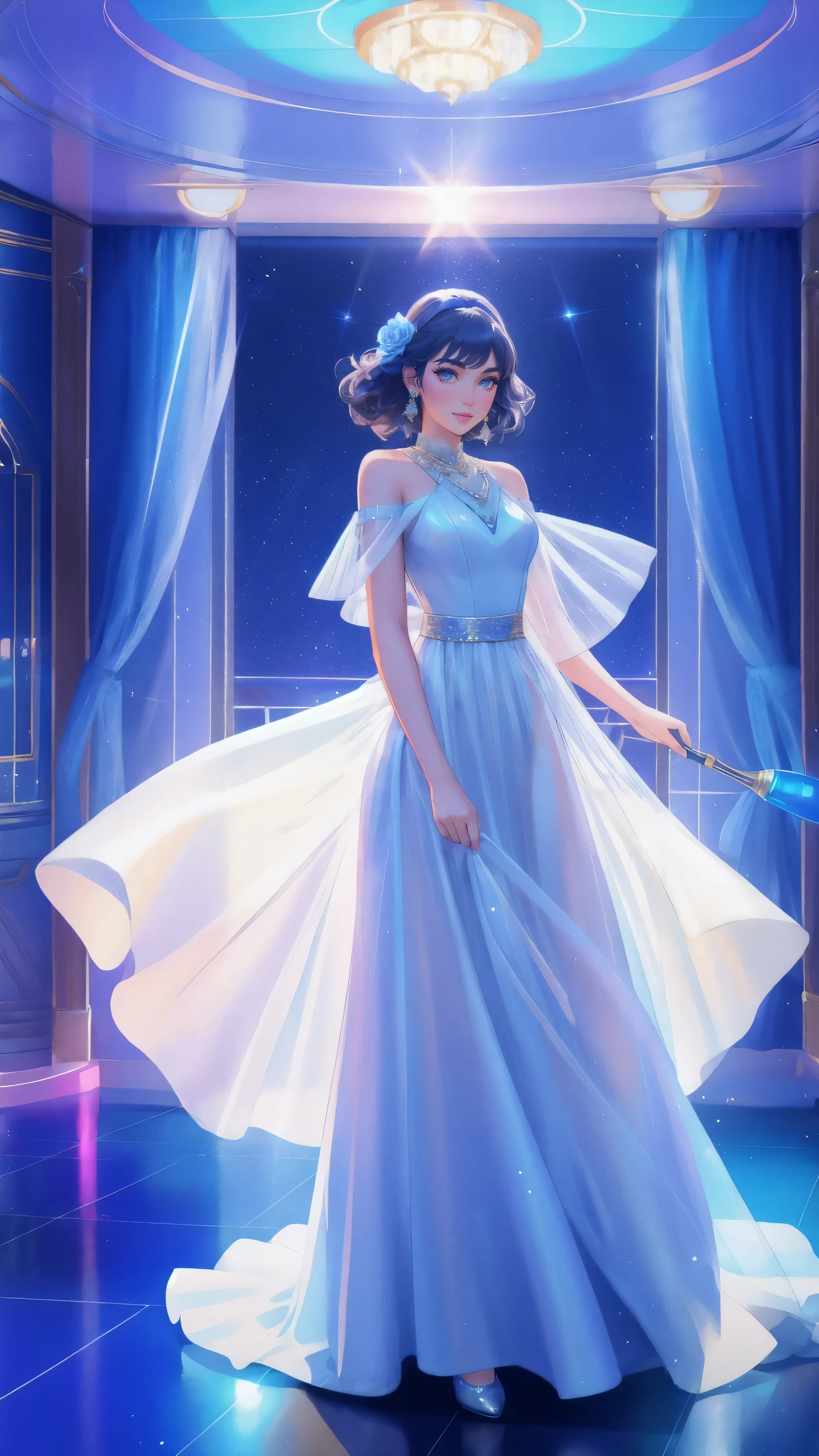 A beautiful, glamorous girl in an elegant evening dress, holding a champagne bottle and standing confidently on the deck of a luxurious cruise ship. The ship's deck is illuminated with vibrant blue lights, with a large Bitcoin symbol glowing above the dance floor. The backdrop features disco balls reflecting the blue hues, and the scene exudes a lively party atmosphere, with 'Early Adopter's Cruiser' written in the background.