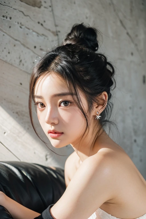 (22 year old Japanese beautiful girl,), (Small perfect breasts,:1.5,),(solo,Textured skin, Detailed skin,Detailed face,Detailed eyes,detailed posing,Natural eyebrows,High detail, Highest quality, Super detailed, Surrealism, ,8k,RAW Photos,Photographicism,Professional Lighting,Ray Tracing,Aperture F1.2,Portrait Photography,Natural Light),(((Black Hair, Natural Makeup,Simple earrings,Bun Hair, Dutch Angle, Gray Wall,Couching Style)))