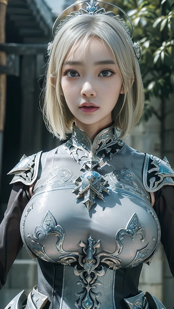 (((huge tit:1.2、Beautiful nipples、large areola:1.2)),(Shiny skin、Oiled skin, glistning skin、high gloss skin,、eye liner、Eye lashes)、(masutepiece, Best Quality),(very intricate:1.3), (Realistic), 1girl in, A MILF, Caucasian, Perfect eyes, Perfect iris, perfect pupils, Perfect lips,Perfect nose, Perfect hands, Highly detailed hands, Perfect fingers,(Light brown hair、Wavy hair、Medium hair) , Small braid in her hair, (Medieval armor), metal reflective, (((Silver armor))), Medieval Europe、Old castle, (Ornately decorated armor), (Insanely detailed, bloom:1.5), Chainmail,, professional photograph of a stunning woman detailed, Sharp Focus, awardwinning, Cinematic lighting, Blurry background, Upper body, ((which are full of confidence)), (Pose:Looking at the camera),mechs,femele、Idol、22year old,(Cool beauties)、Hair that flutters in the wind