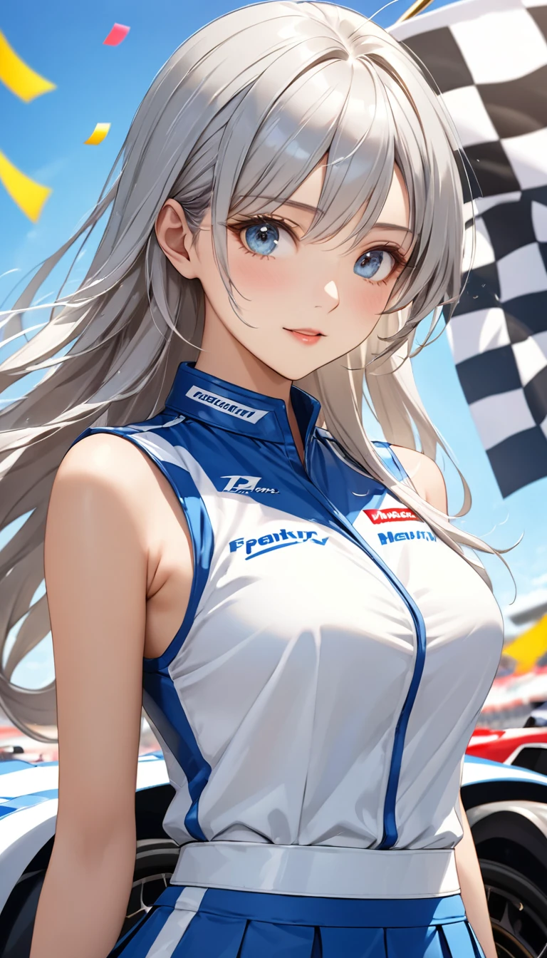 Highest quality, Highest quality, 16K, Unbelievably absurd, Very detailed, 2.5D, delicate and dynamic, blue sky, Confetti, Racing Car, Checkered Flag, Small face, Very delicate facial expressions, Delicate eye depiction, Upper body close-up, Only sexy women, Healthy body shape, 22-year-old woman, Race Queen, Height: 170cm, Big companies go bankrupt, Silvery long hair, Sexy long legs, Flashy Race Queen costume, Blue long skirt, White Leather Long Boots, Formula 1, Auto Racing Track