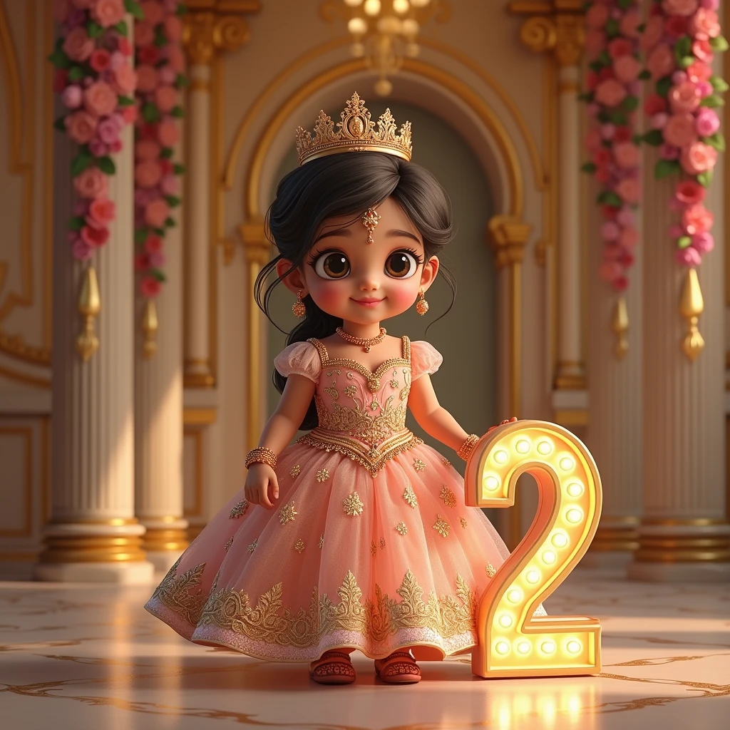 A real cute little indian baby girl dressed as a Princess,  in very big and beautiful house and in house there are all around gold , wearing a crown and a royal attire and she is very very beautiful and gorgeous and besides her is a large size '2' cutout , eyes facing straight at the camera, indicating that its her second birthday. Flower garlands can be seen hanging from the palace archs, seems like a celebration time in the palace 