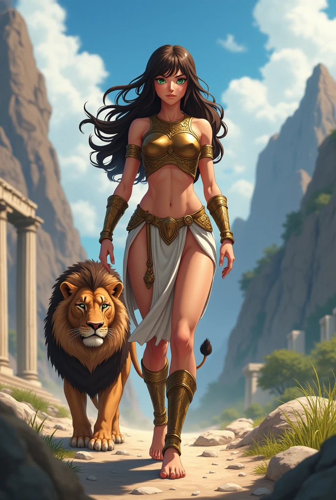 4K anime style quality, digital drawing mode, Greek mythology-themed anime female character, strong muscular build with long dark brown hair, piercing green eyes, wearing a bronze chestplate, a lion’s walking beside, Blur the background to create a three-dimensional effect, atmosphere, standing in a high mountain pass with ancient Greek temples and rugged cliffs, radiant skin, determined and strong-willed expression, full body, dynamic pose, l