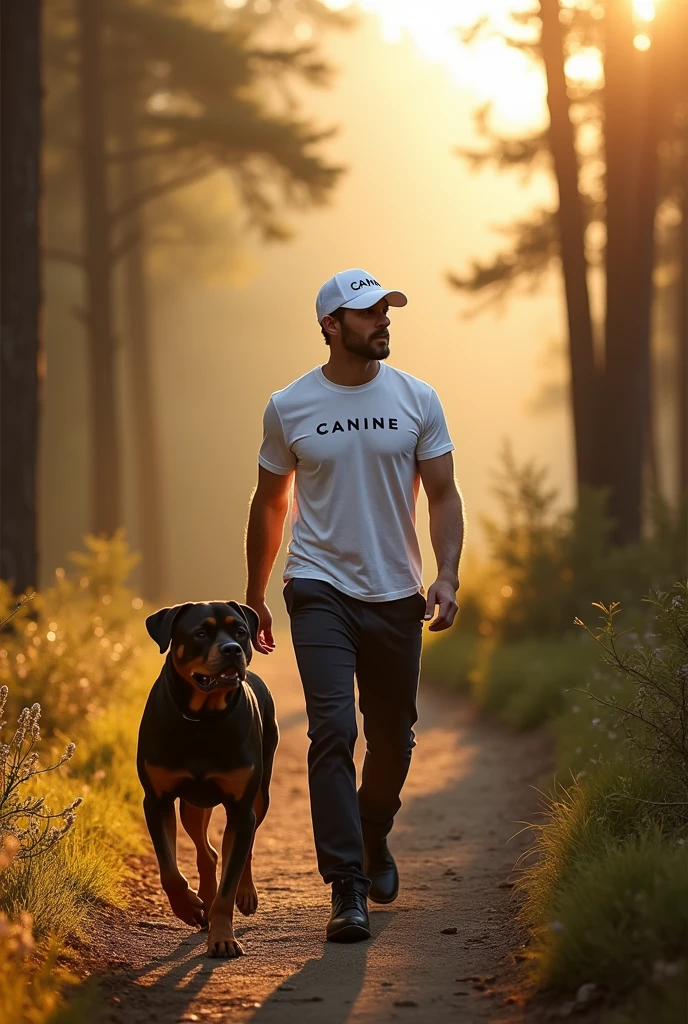 "A luxury brand poster inspired by Brioni's elegance. The scene is set on a sunlit forested mountain path during the early morning, where a sophisticated foreign man is walking towards the viewer with a strong Rottweiler by his side. The man is wearing a stylish white cap with the word 'Canine' written on it, and a white T-shirt with 'Canine' printed on the chest. The soft morning sunlight filters through the trees, casting a warm, golden glow over the scene. The overall mood is one of refined luxury, emphasizing the connection between man and dog, and the exclusivity of the Canine brand."







