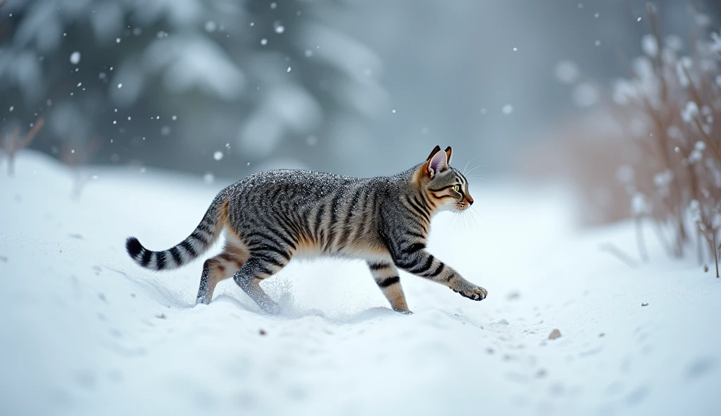 (photorealism:1.2), Photo of a graceful cat running on a snow-covered path, shot on a Canon EOS R5 with a depth of field f2.8, 85mm lens, 32k resolution, natural light, and realistic snow details --v 5 --q 3 --uplight