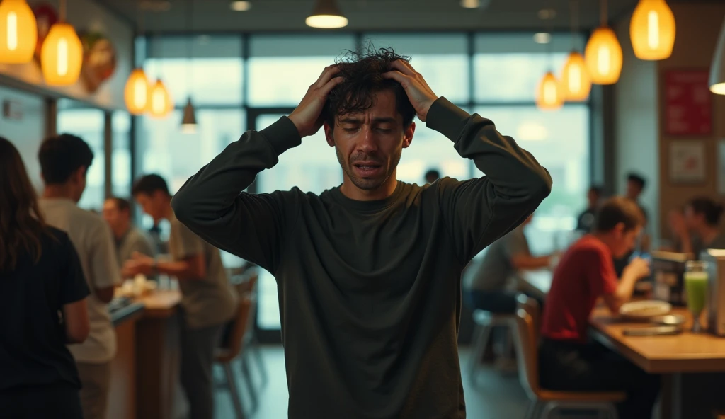 A scene with McDonald's attendants working and a young man standing in the center highlighted, exhausted, with both hands pulling the hair, in despair, sobbing, semi realistic, cinematic.
