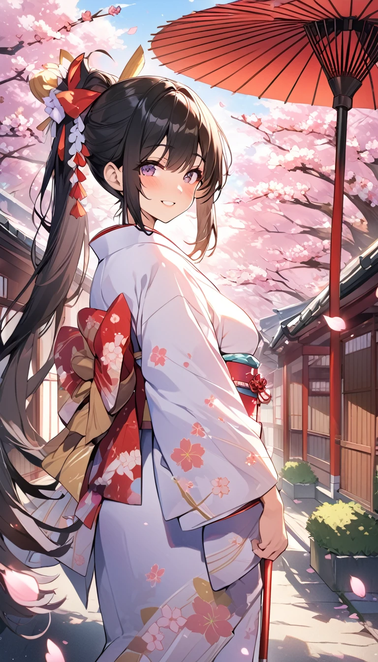 One Woman、beautiful girl、after school、evening、kimono、kimono、ponytail、Straw sandals、School、Back of the school building、spring、Cherry tree々、Cherry blossom petals fluttering、Long Hair、Highest quality、Ultra HD、Black Hair、smile、8 heads、White tabi socks、Japanese Umbrella