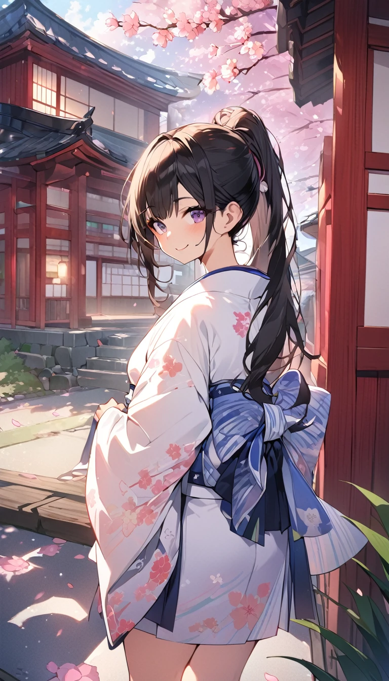 One Woman、beautiful girl、after school、evening、kimono、kimono、ponytail、Straw sandals、School、Back of the school building、spring、Cherry tree々、Cherry blossom petals fluttering、Long Hair、Highest quality、Ultra HD、Black Hair、smile、8 heads、White tabi socks、Japanese Umbrella