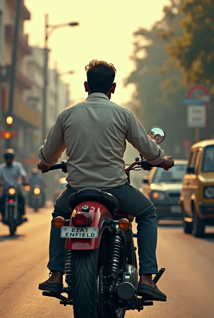 A 30 years Indian man is riding royal Enfield bike, his back side should be displayed. Indian male Patient is looking him from the hospital window.