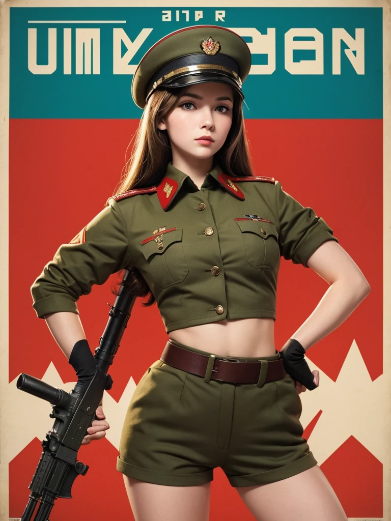 best quality,masterpiece,highly detailed,ultra-detailed, 1girl,cityscape, ussr soviet umion, propaganda, poster, army, beaurty Russian girl, Russian army uniform,realistic, woman holding a big ass gun standing in uniform against red background with her back to us, 1girl, solo, weapon, gun, hat, midriff, beret, rifle, shorts, fighting pose,Propaganda Poster, Soviet Propaganda,nsfw,porn,sexy